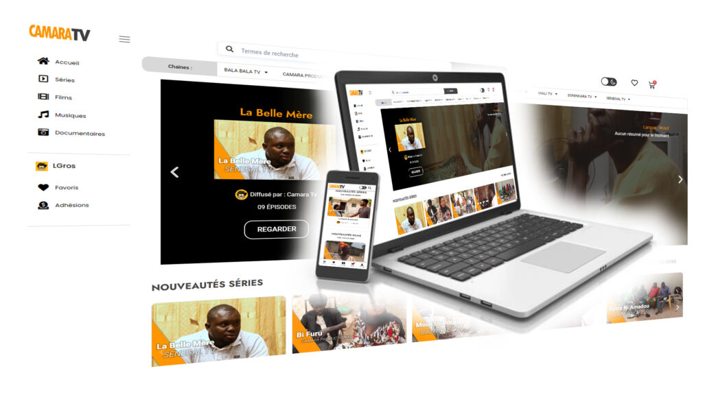 Interface utilisateur du site et de l'application CamaraTv - plateforme vidéos de vidéos Africaines